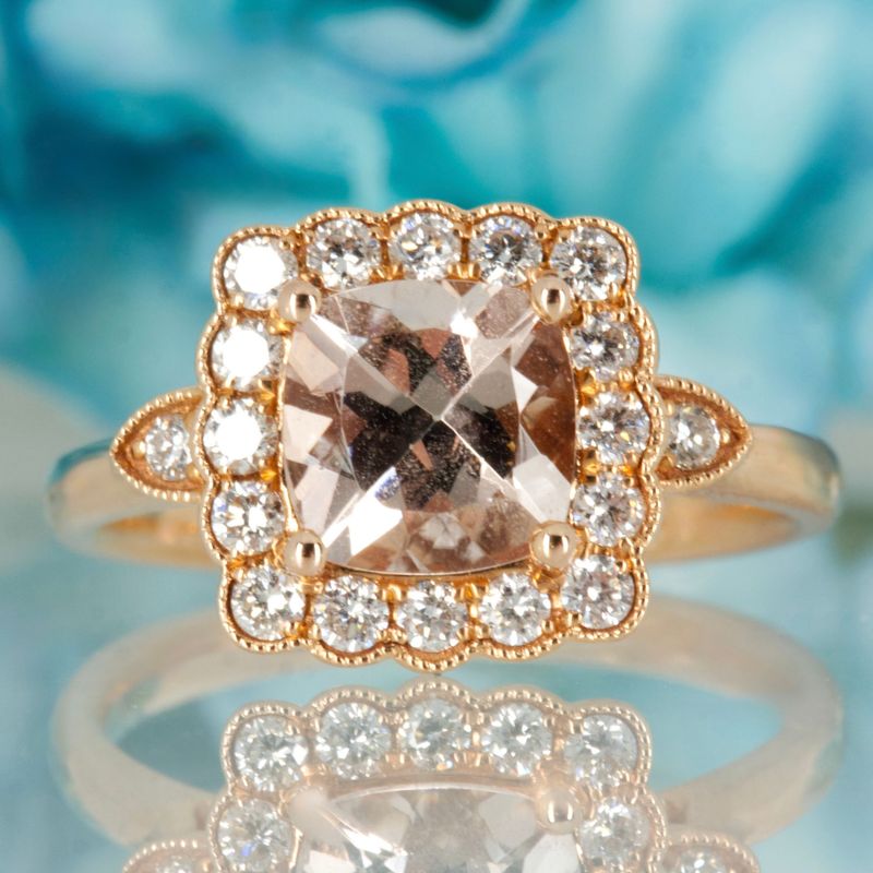 18ct Rose Gold Cushion Cut Morganite & Round Brilliant Cut Diamond Cluster Ring
