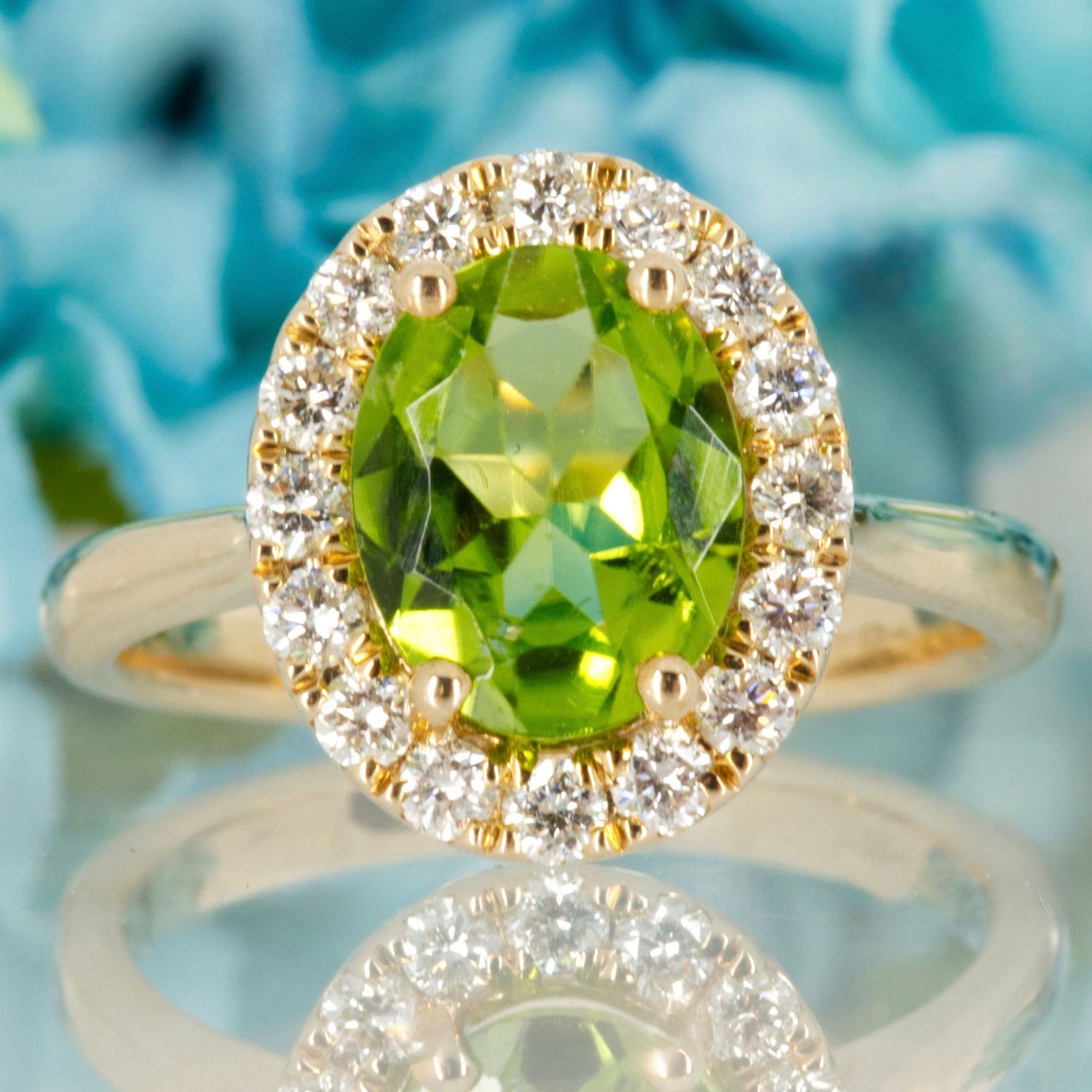9ct Yellow Gold Oval Cut Peridot & Round Brilliant Cut Diamond Halo Cluster Ring