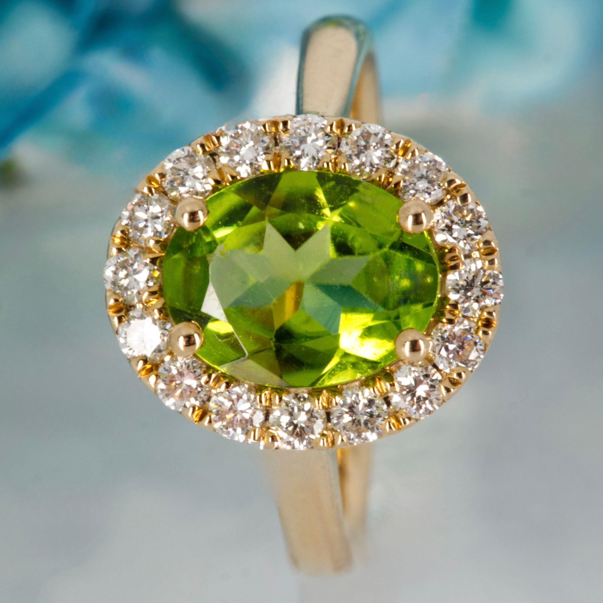 9ct Yellow Gold Oval Cut Peridot & Round Brilliant Cut Diamond Halo Cluster Ring