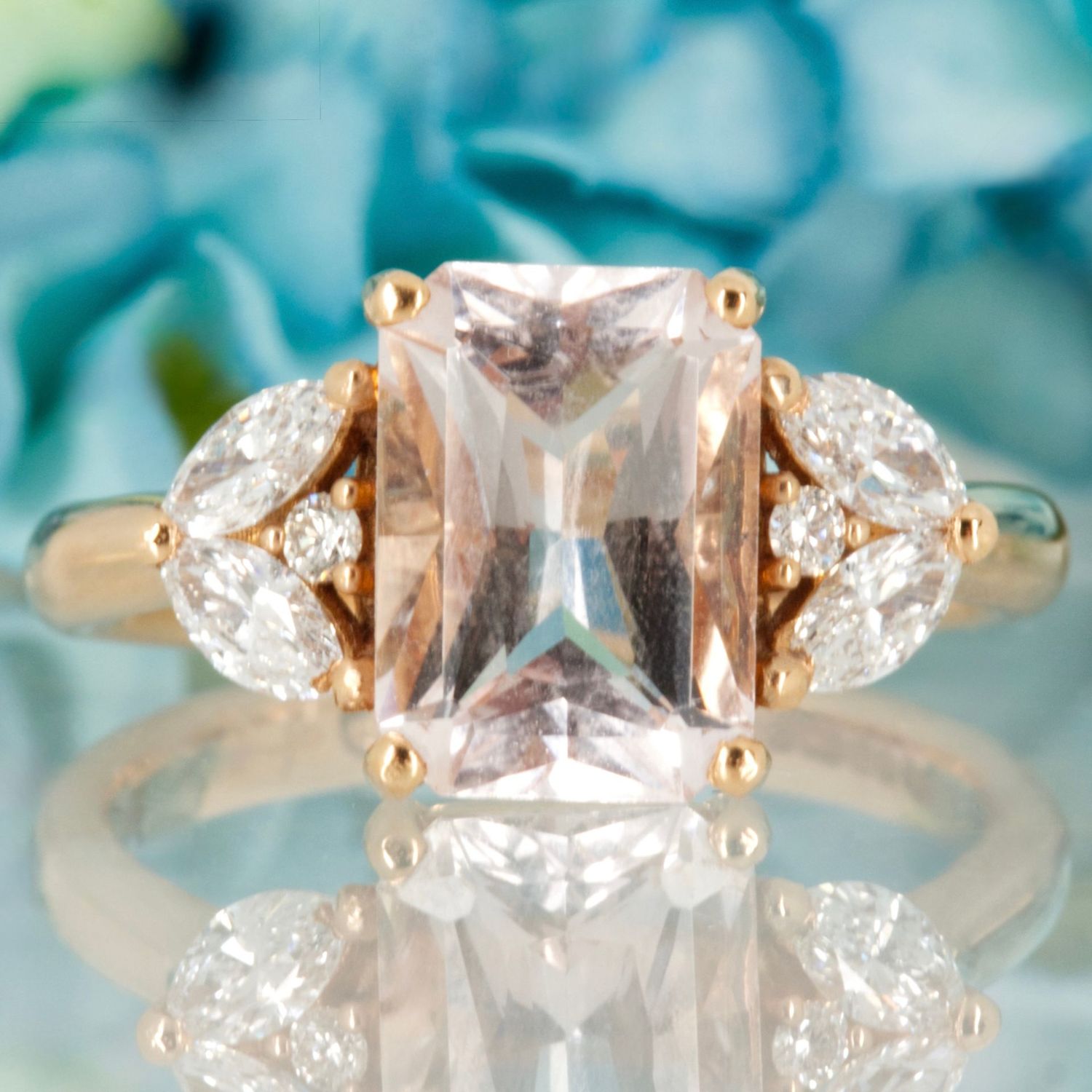 18ct Rose Gold Octagonal Cut Morganite & Marquise & Round Brilliant Cut Diamond Ring