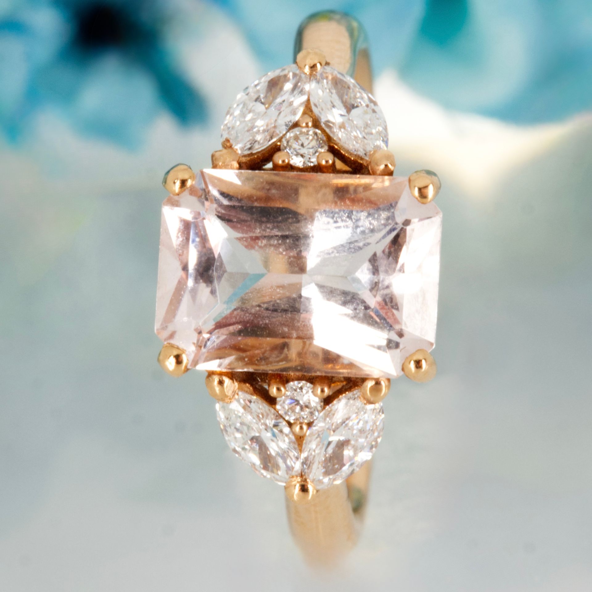 18ct Rose Gold Octagonal Cut Morganite & Marquise & Round Brilliant Cut Diamond Ring