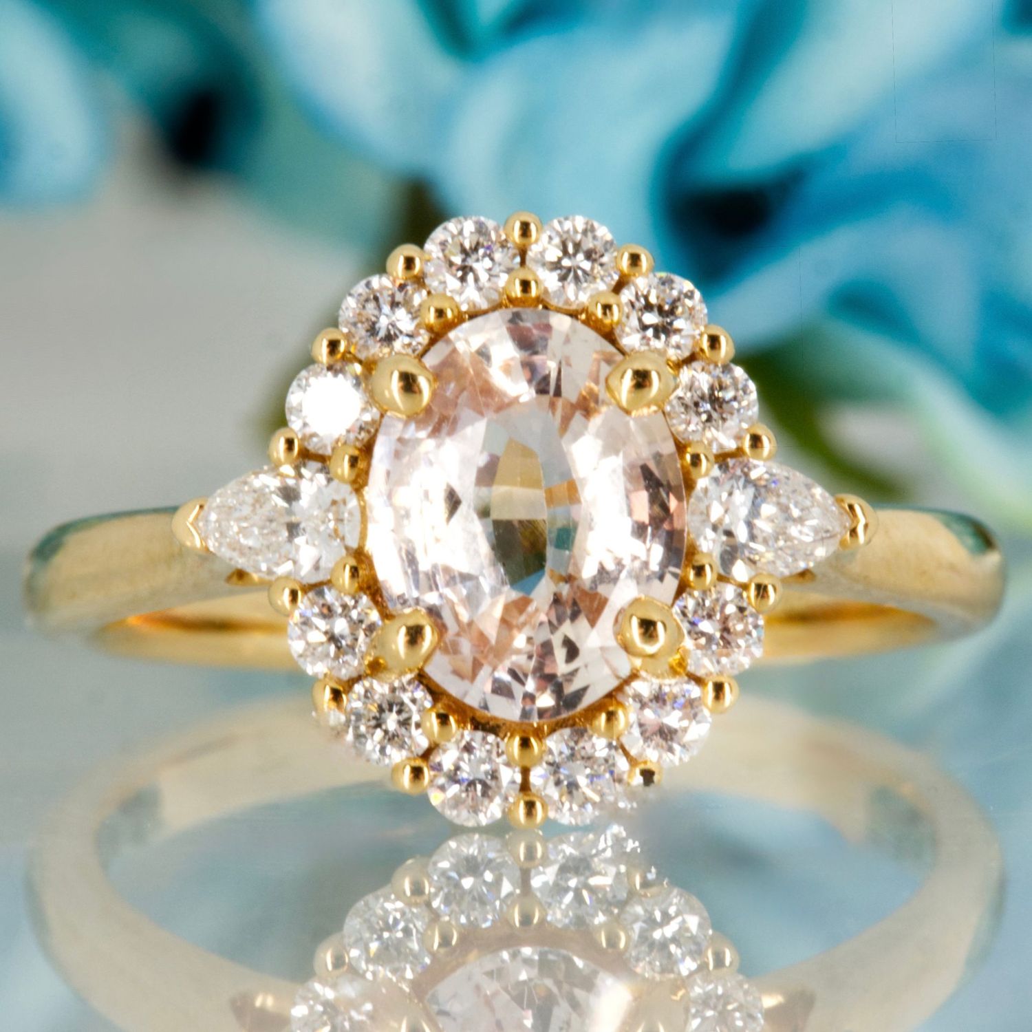 18ct Yellow Gold Oval Cut Peach Sapphire & Pear & Round Brilliant Cut Diamond Cluster Ring