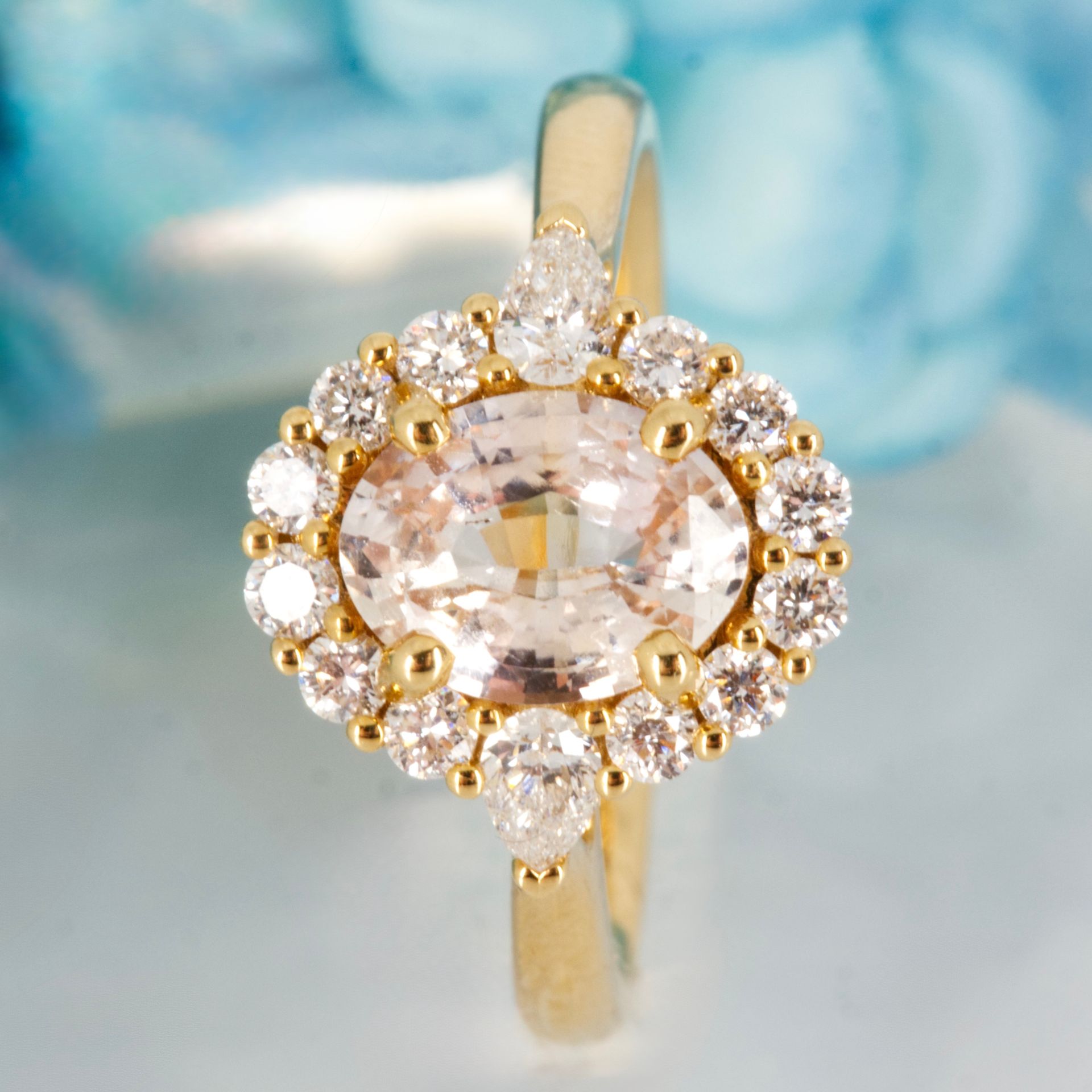 18ct Yellow Gold Oval Cut Peach Sapphire & Pear & Round Brilliant Cut Diamond Cluster Ring