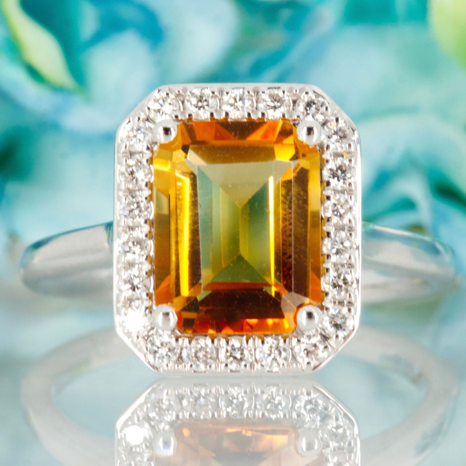 9ct White Gold Octagonal Cut Citrine & Round Brilliant Cut Diamond Halo Cluster Ring