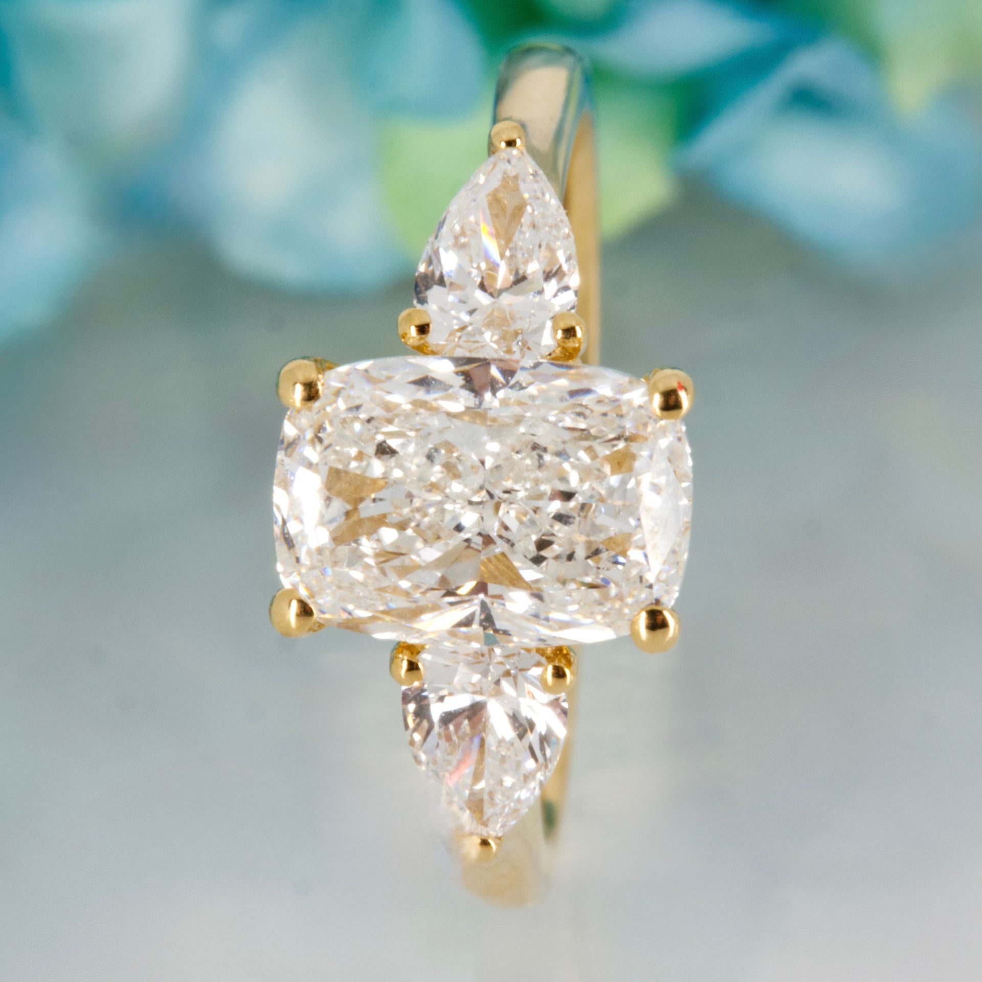 18ct Yellow Gold 2.59ct Cushion & Pear Cut Lab Grown Diamond Trilogy Ring