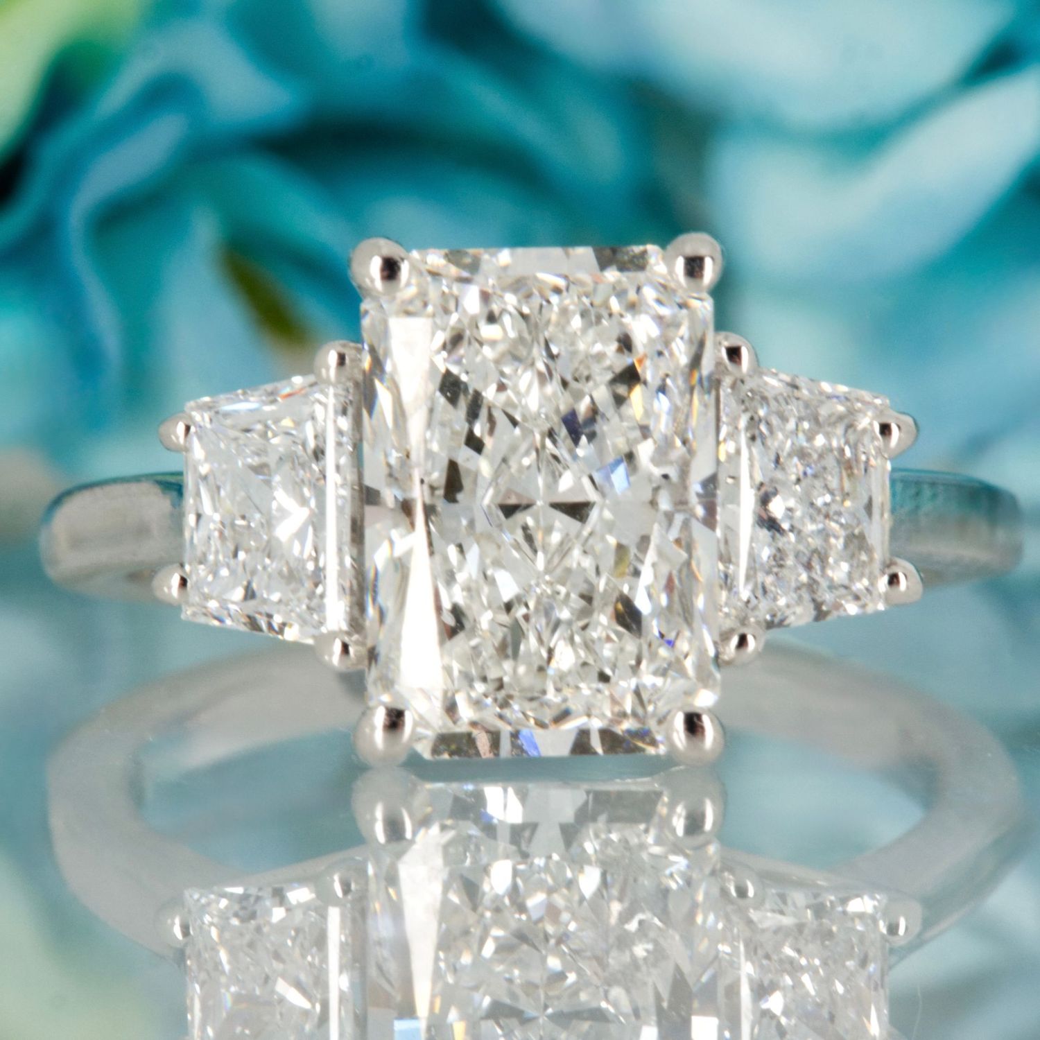 Platinum 3.25ct Radiant & Trapezium Cut Lab Grown Diamond Trilogy Ring