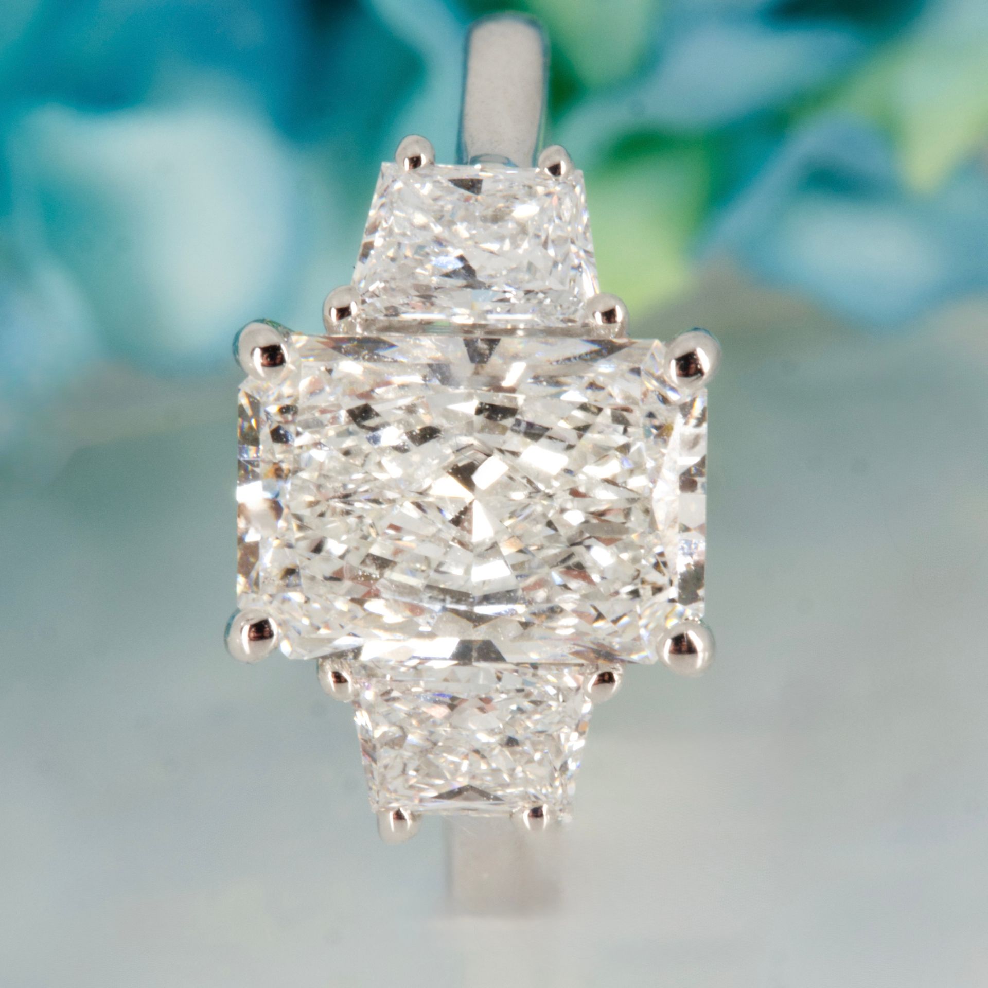 Platinum 3.25ct Radiant & Trapezium Cut Lab Grown Diamond Trilogy Ring