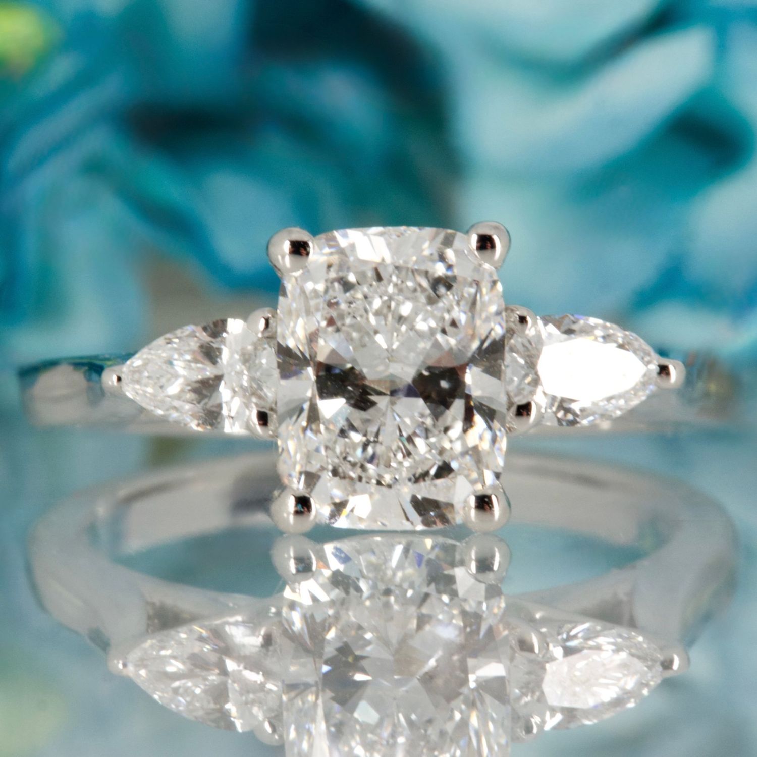 Platinum 1.83ct Cushion & Pear Cut Lab Grown Diamond Trilogy Ring