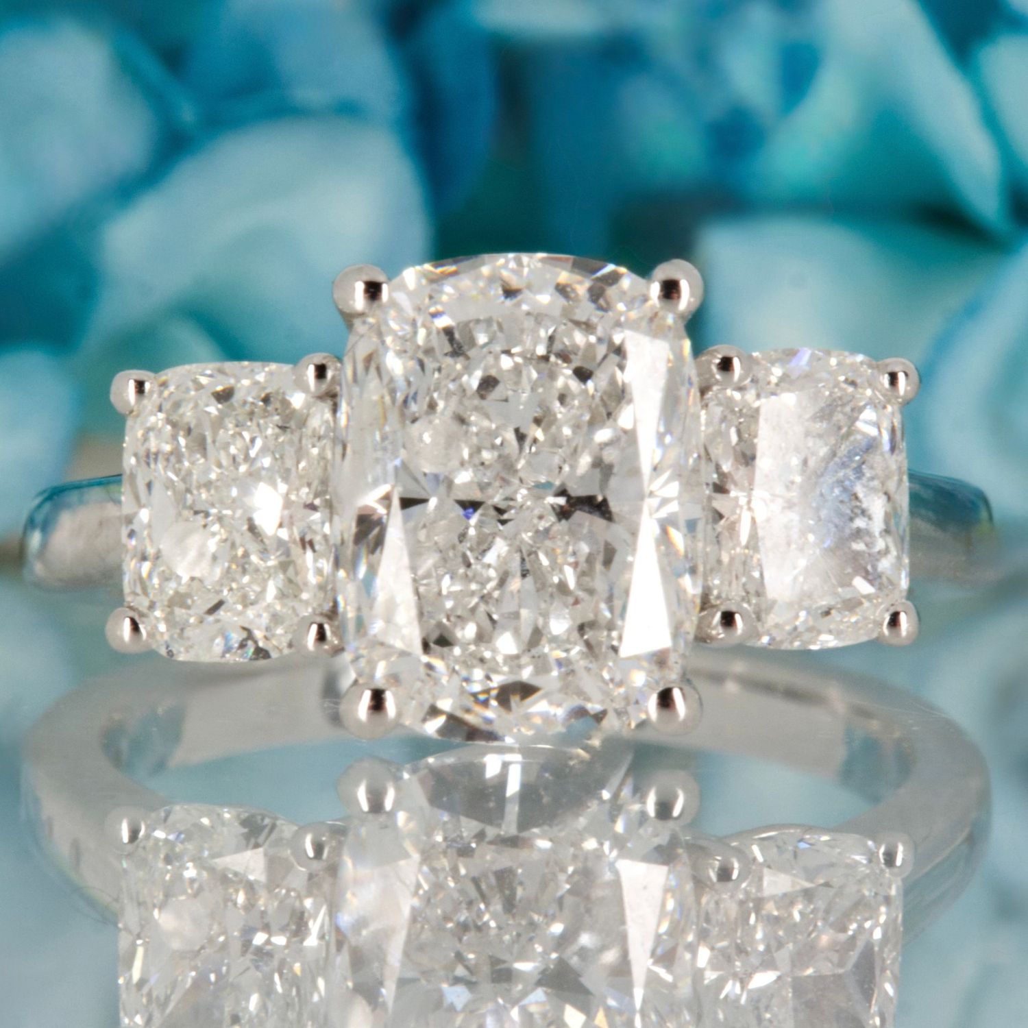 Platinum 4.29ct Cushion Cut Lab Grown Diamond Trilogy Ring