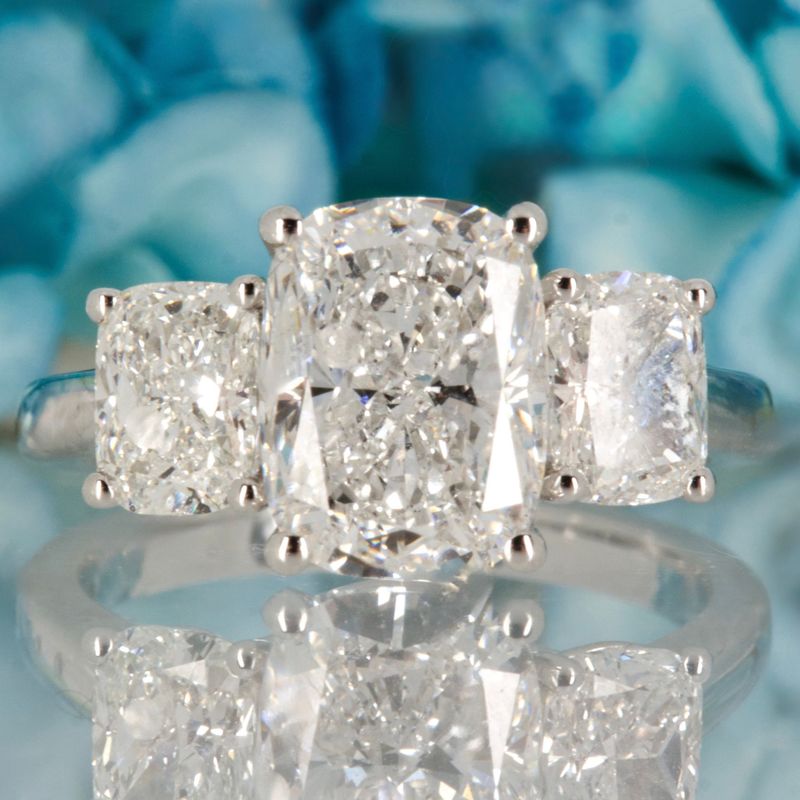 Platinum 4.29ct Cushion Cut Lab Grown Diamond Trilogy Ring