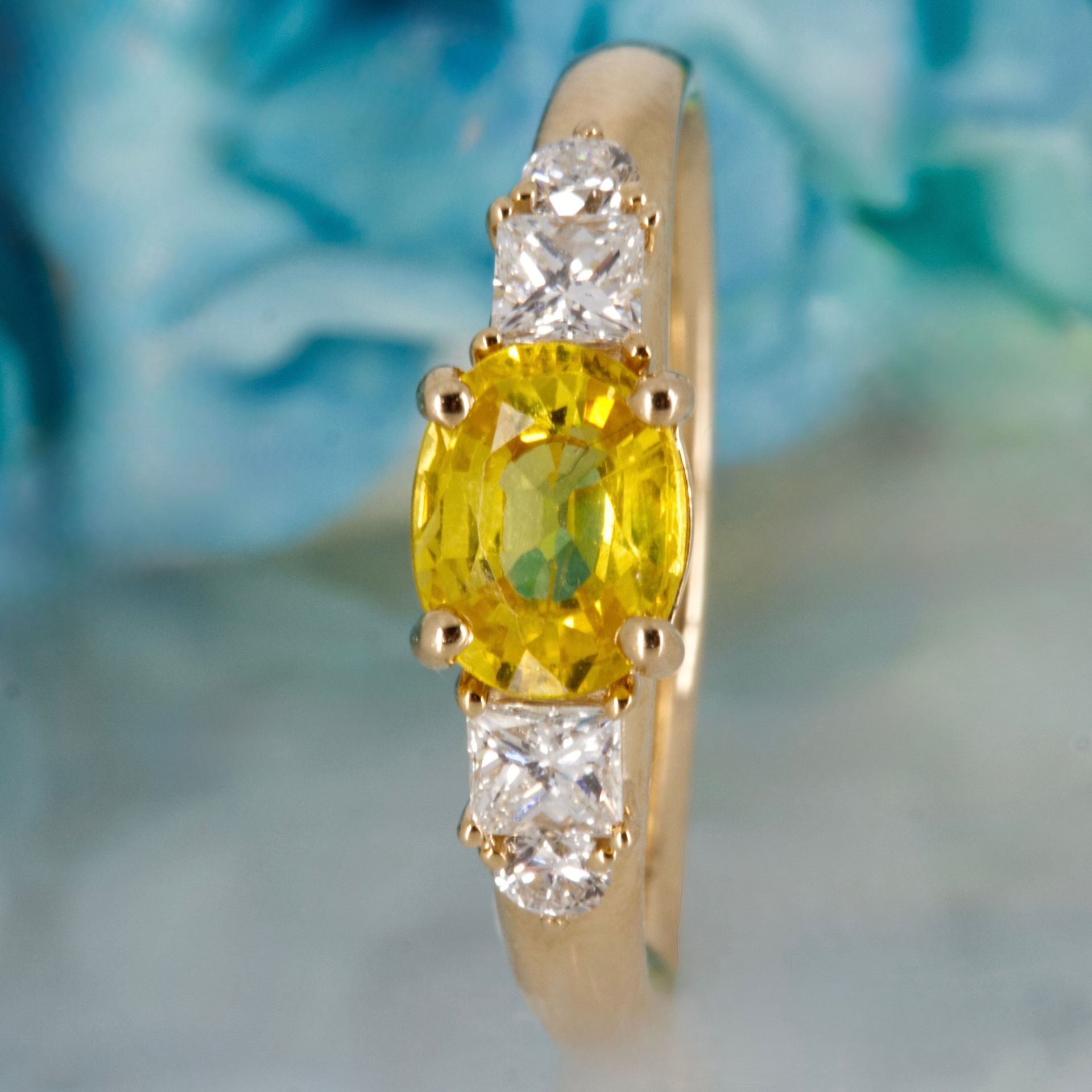 9ct Yellow Gold Oval Cut Yellow Sapphire & Princess and Round Brilliant Cut Diamond Ring