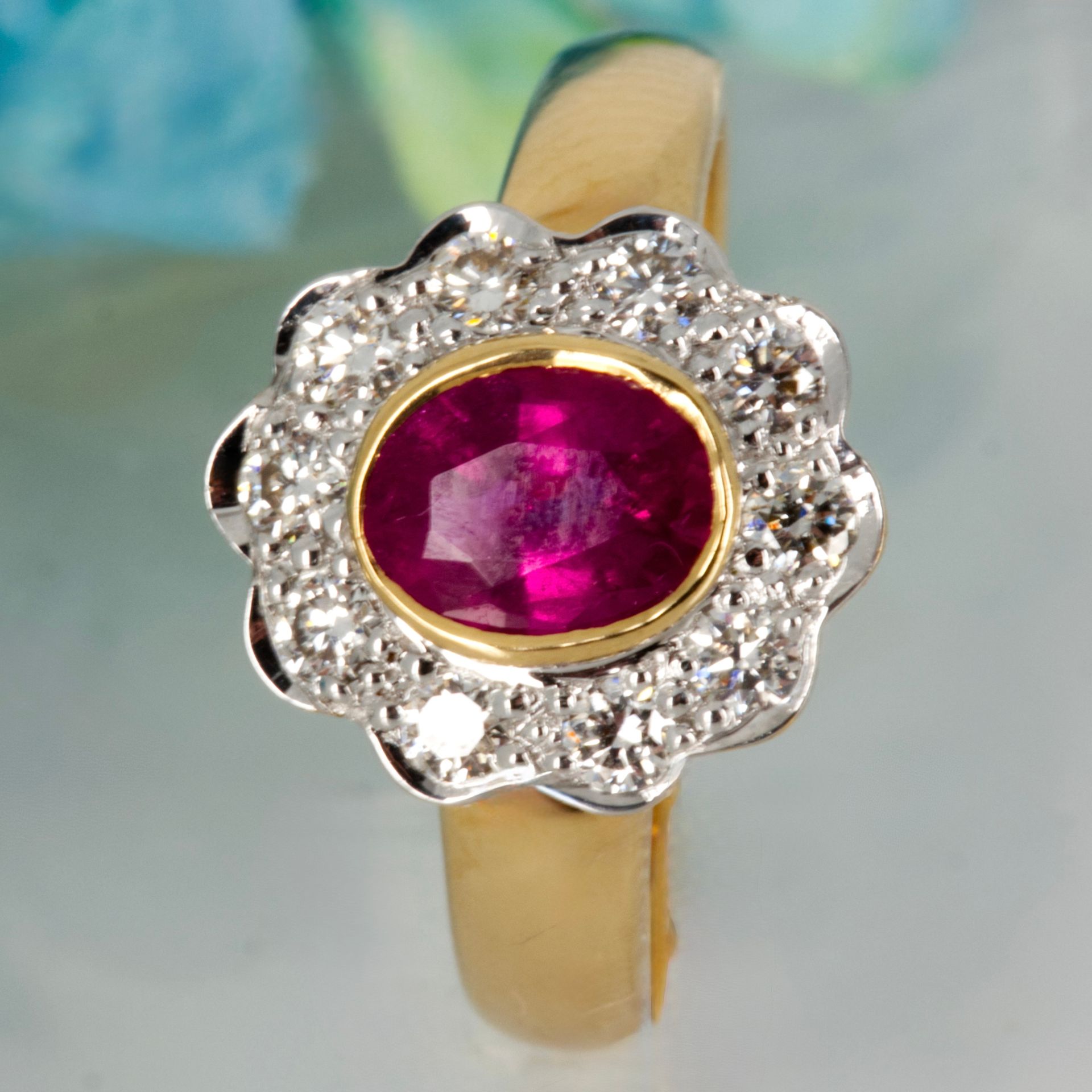 18ct Yellow Gold Oval Cut Ruby & Round Brilliant Cut Diamond Flower Cluster Ring