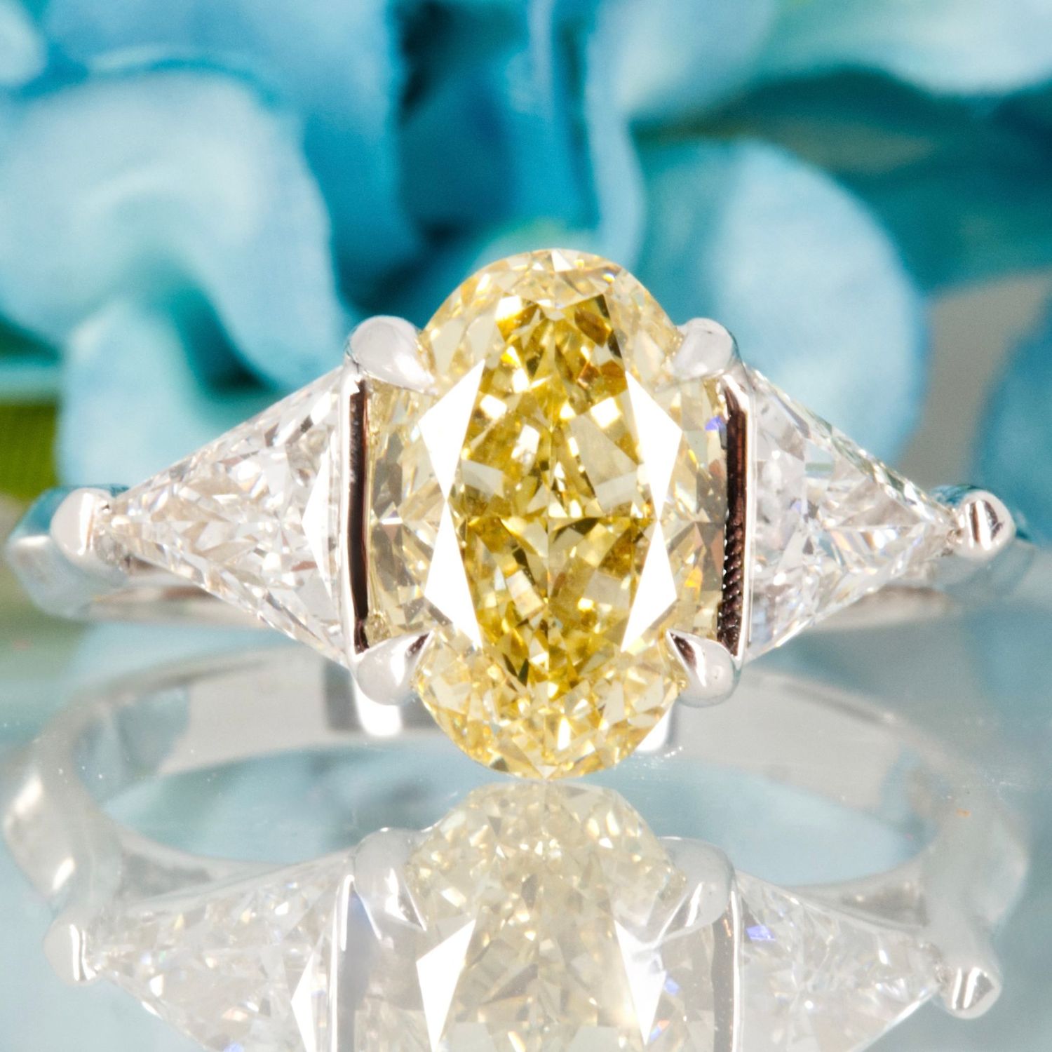 18ct White Gold Oval Cut Lab Grown Yellow Diamond & Trilliant Cut Lab Grown Diamond Trilogy Ring