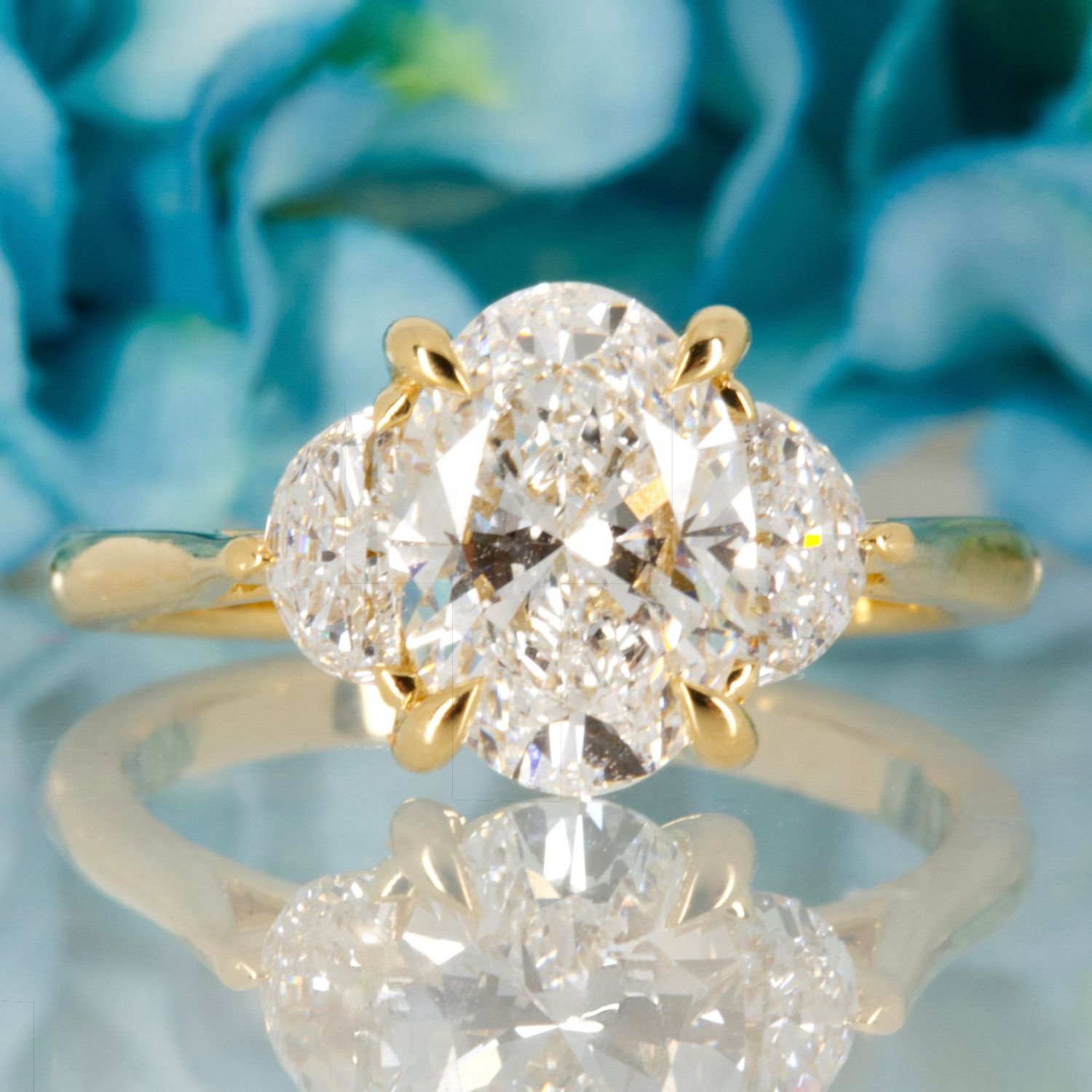 18ct Yellow Gold 2.55ct Oval & Crescent Cut Lab Grown Diamond Trilogy Ring
