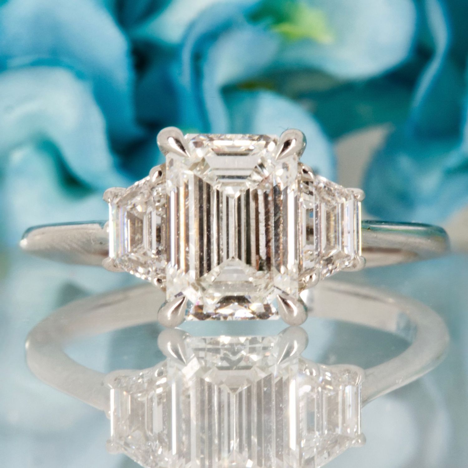 Platinum 2.63ct Emerald & Trapezoid Cut Lab Grown Diamond Trilogy Ring
