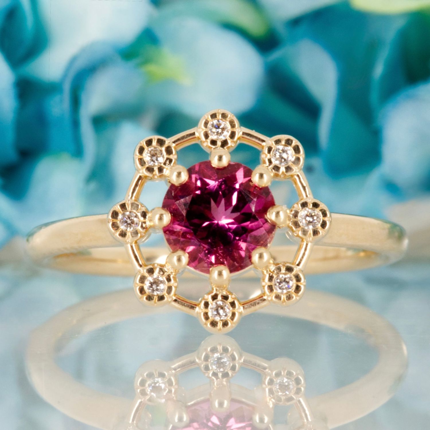 9ct Yellow Gold Round Cut Pink Tourmaline & Round Brilliant Cut Diamond Dress Ring