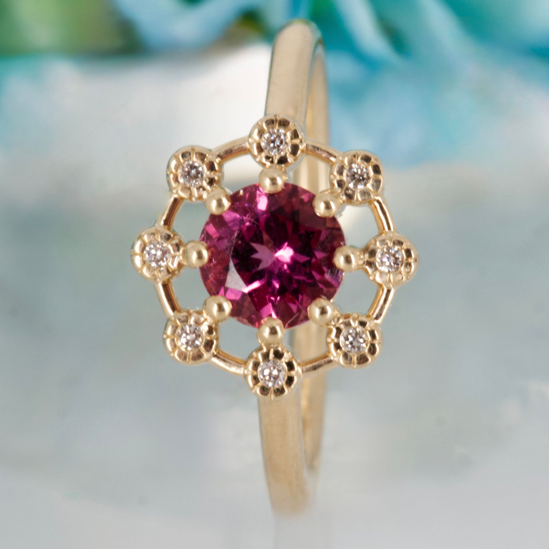 9ct Yellow Gold Round Cut Pink Tourmaline & Round Brilliant Cut Diamond Dress Ring