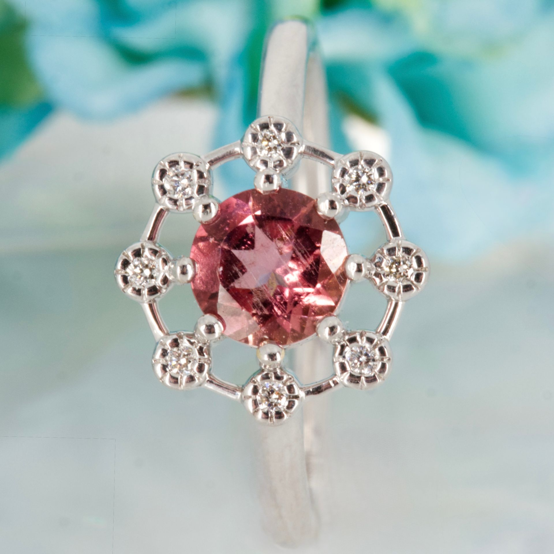 9ct White Gold Round Cut Pink Tourmaline & Round Brilliant Cut Diamond Dress Ring