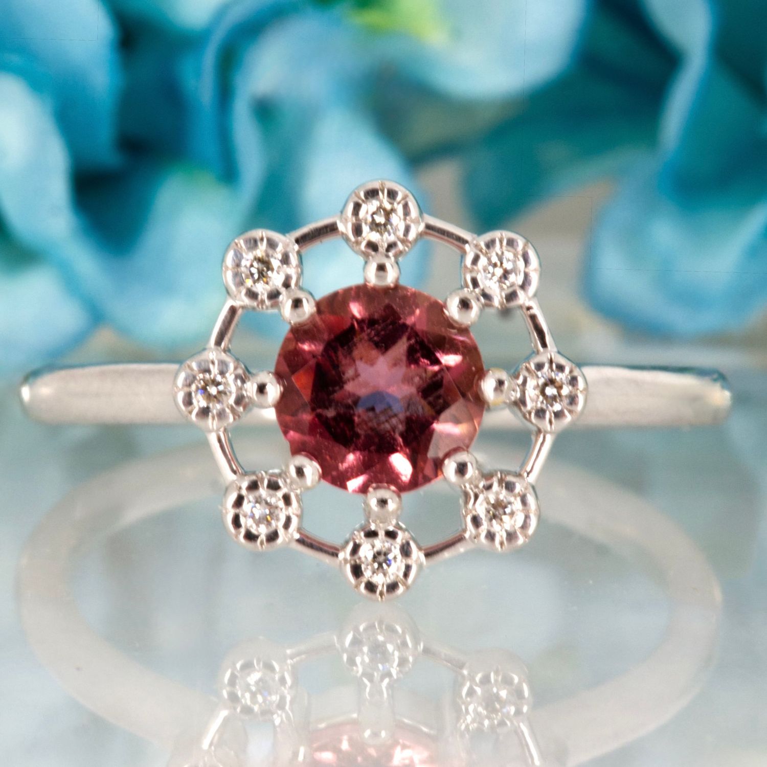 9ct White Gold Round Cut Pink Tourmaline & Round Brilliant Cut Diamond Dress Ring