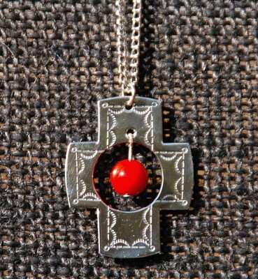 Pendant: SW Cross with Red Bead Dangle & Chain