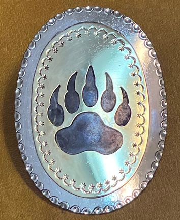 Tie Slide:  GS Oval w/ brass bear paw cutout overlay