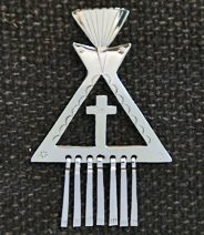 Pin:  Tipi with Cross Cut-Out and 7 Metal Fringes, 2 1/2"