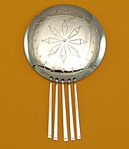 Pin:  2 1/2" Concho Blanket Pin with fringes, 3 1/2"