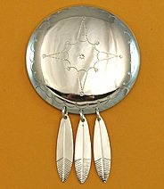 Pin:  Concho Blanket Pin with Feather Dangles,  3 1/2"