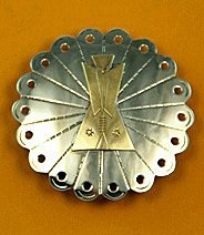 Tie Slide:  Decorated Disc with Brass Tipi Overlay 2 1/2"