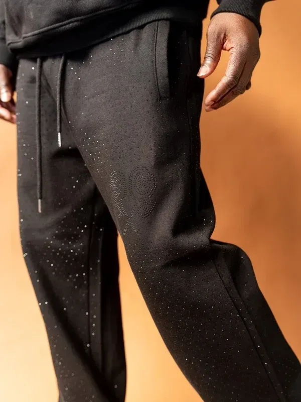 Roses Black Rhinestone Sweat Pants