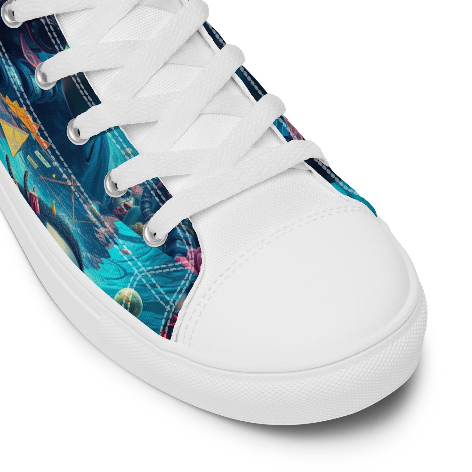 Step up your shoe game with the High Top Canvas Shoes. These handmade, trendy shoes are sure to spice up your outfit. Get yours now!

• 100% polyester, canvas upper side

• Ethylene-vinyl acetate (EVA) rubber outsole

• Breathable lining, soft insole

• Faux leather toe cap

• Padded collar, lace-up front

• Soles and laces in matching colors

• Blank product sourced from China

Important: This product is available in the following countries: United States, Canada, Australia, United Kingdom, New Zealand, Japan, Austria, Andorra, Belgium, Bulgaria, Croatia, Czech Republic, Denmark, Estonia, Finland, France, Germany, Greece, Holy See (Vatican city), Hungary, Iceland, Ireland, Italy, Latvia, Lithuania, Liechtenstein, Luxemburg, Malta, Monaco, Netherlands, Norway, Poland, Portugal, San Marino, Slovakia, Slovenia, Switzerland, Spain, Sweden, and Turkey. If your shipping address is outside these countries, please choose a different product.

Disclaimer: The shoes will have a glue-like smell when opening the box. The smell will disappear a few days after the shoes are unpacked.

This product is made especially for you as soon as you place an order, which is why it takes us a bit longer to deliver it to you. Making products on demand instead of in bulk helps reduce overproduction, so thank you for making thoughtful purchasing decisions!

Due to the made-to-order manufacturing process of all the products in our shop, we are unable to accept returns or exchanges.

Please carefully check the size guides and item descriptions before placing your order! If you encounter an issue with your order or have any questions about our policies, feel free to send us a message.

Thank you for your understanding, and happy shopping!