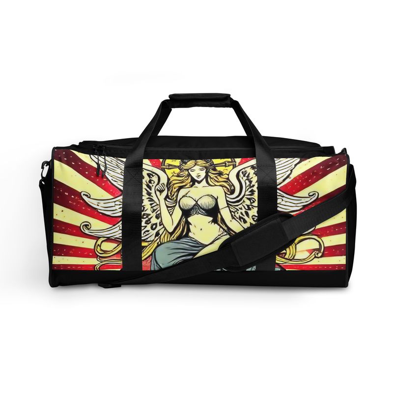 This duffle bag is the perfect companion for every occasion—take it with you when traveling, running daily errands, or going to the gym. The bag is spacious and will keep all your stuff neat and organized with its multiple pockets, including one with a zipper for your most valuable possessions. Adjust the padded shoulder strap when the bag’s helping you carry heavier things, and continue your daily run without a worry!

• 100% polyester with black interlining

• Fabric weight: 9 oz./yd.² (305 g/m²)

• One size: 22″ × 11.5″ × 11.5″

• T-piping for stability

• Adjustable and removable padded shoulder strap

• Dual padded handles with hook &amp; loop fasteners for easy carrying

• Mesh side pocket

• Multiple inside pockets

• Blank product components sourced from China

Due to the made-to-order manufacturing process of all the products in our shop, we are unable to accept returns or exchanges.

Please carefully check the size guides and item descriptions before placing your order! If you encounter an issue with your order or have any questions about our policies, feel free to send us a message.

Thank you for your understanding, and happy shopping!
