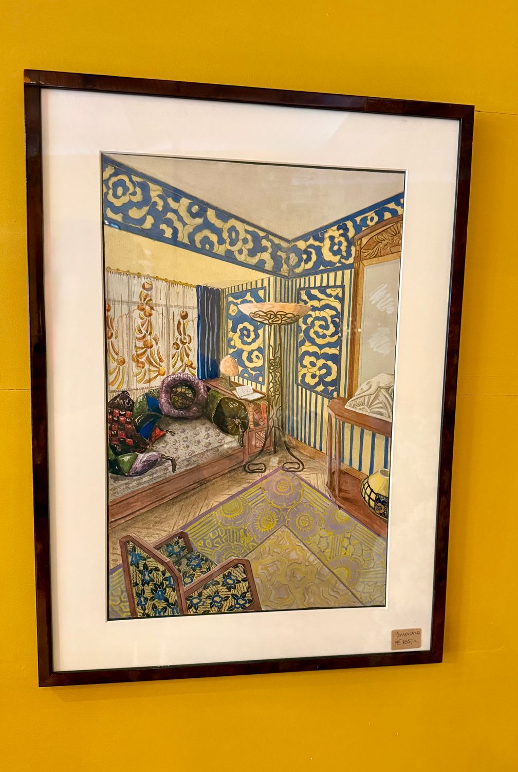 Gouache op papier getiteld "Interieur"