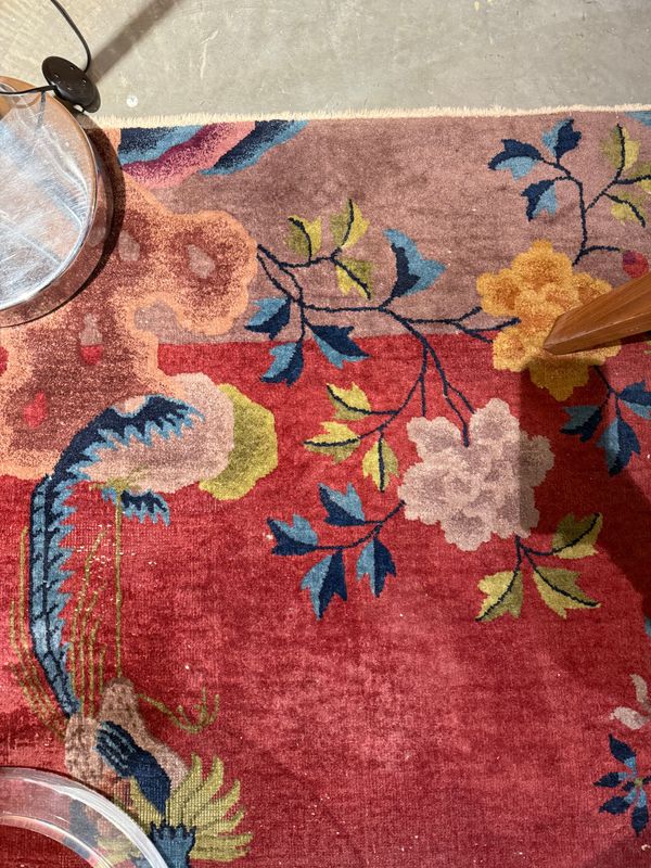 Handgeknoopt Chinees vloerkleed rood, floraal motief en vogels