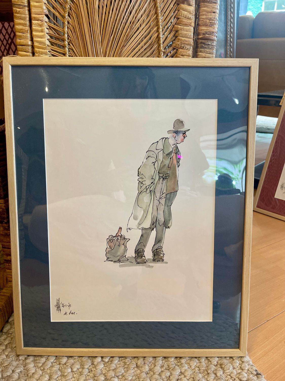 Will Berg (1921-2001), tekening fineliner/ aquarel - de dronkaard