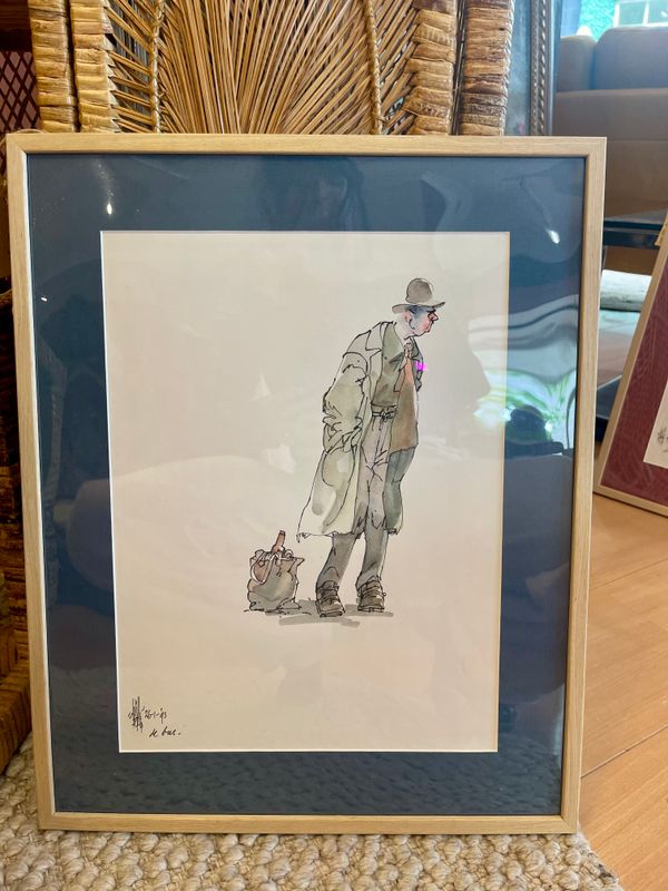 Will Berg (1921-2001), tekening fineliner/ aquarel - de dronkaard