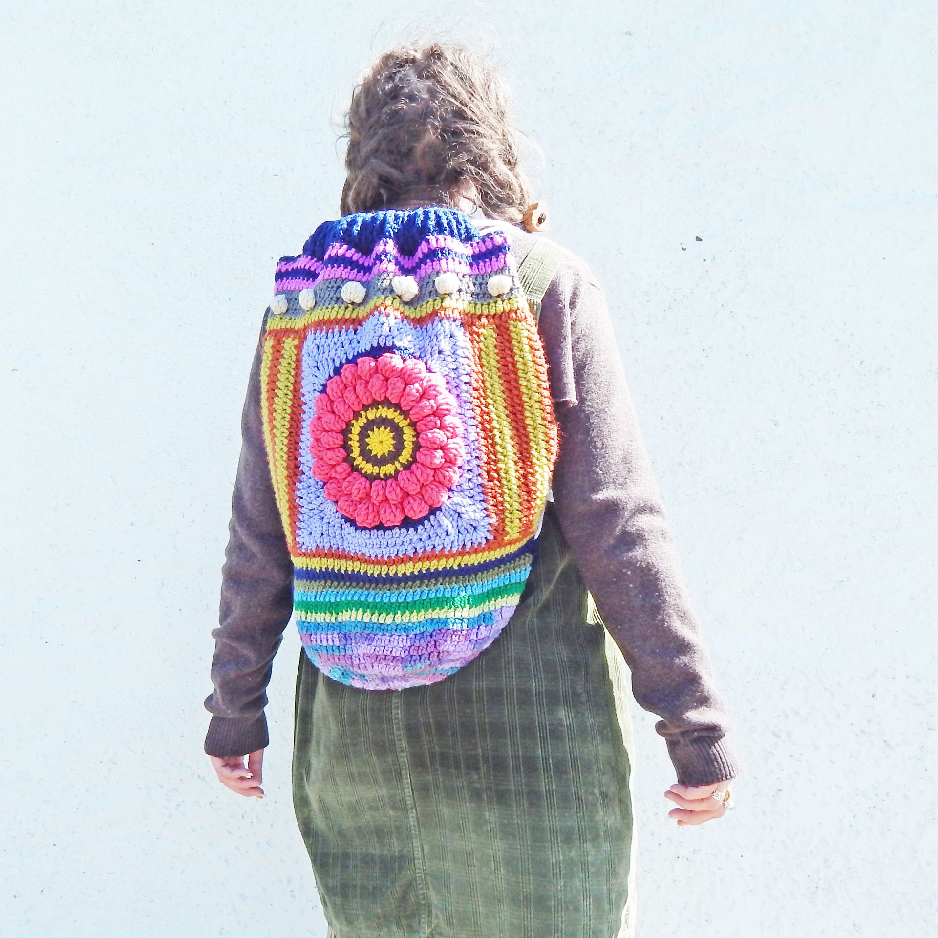 Crochet Pink Flower Backpack