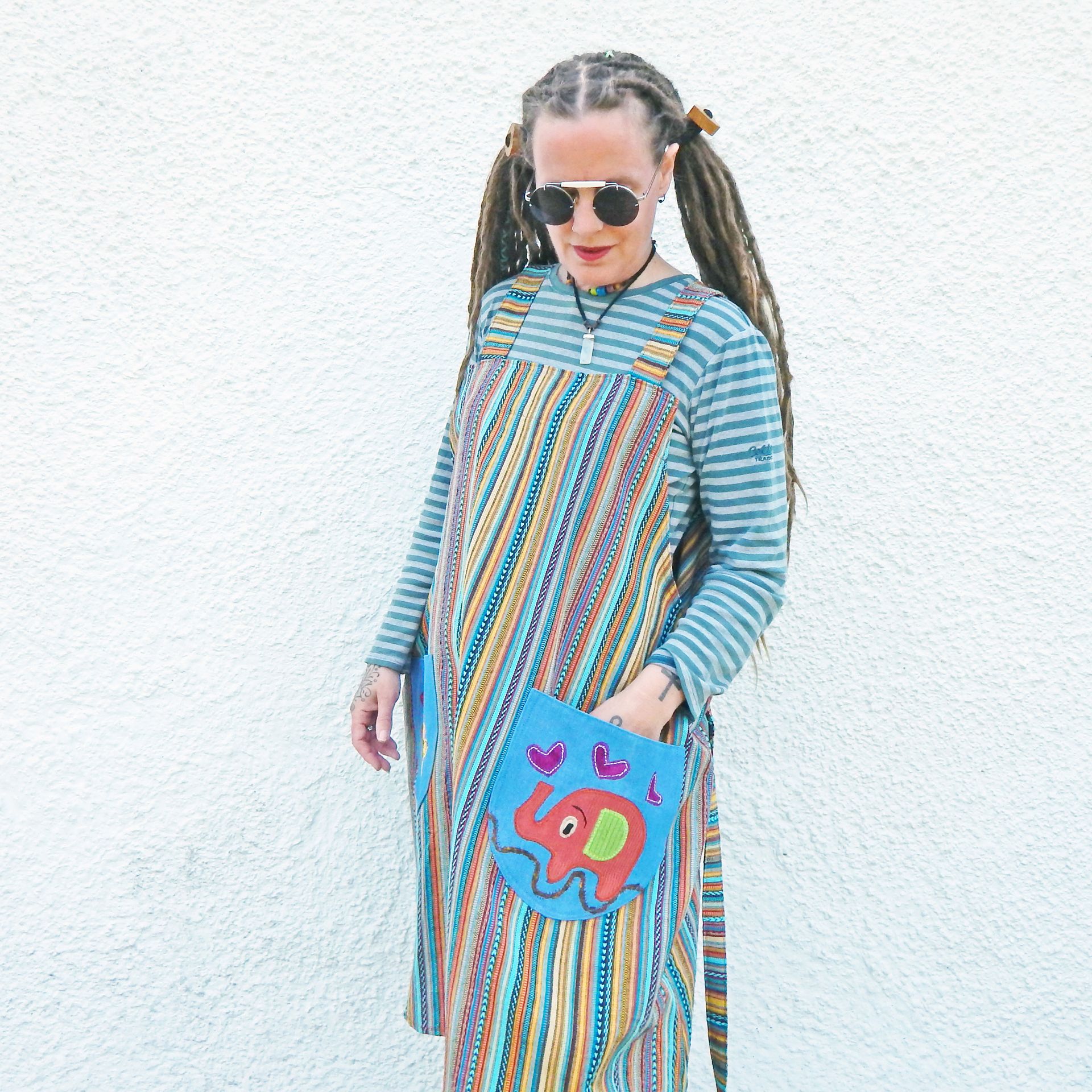 Pinafore Elephant Striped Dress