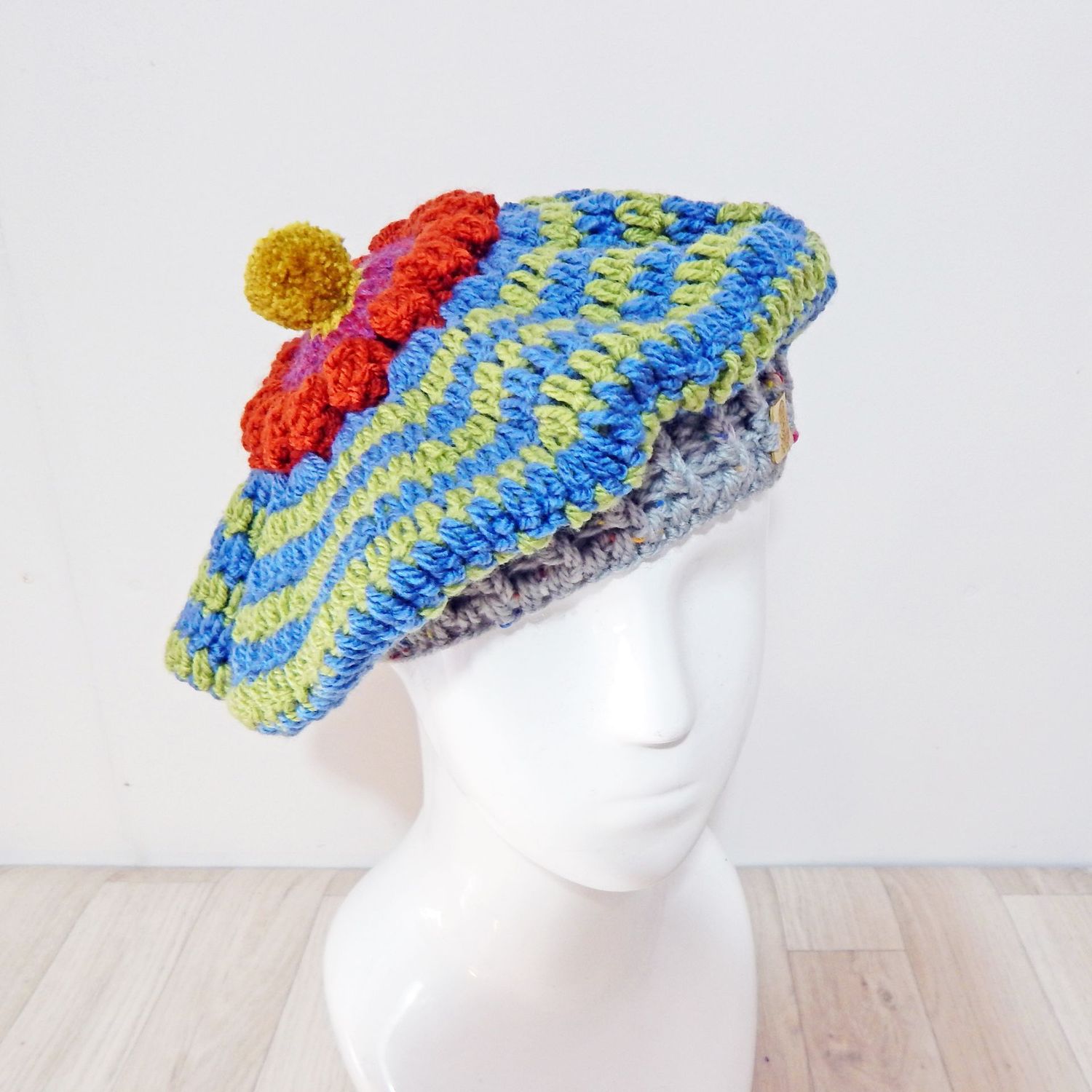Beret Blue Green Striped Hat