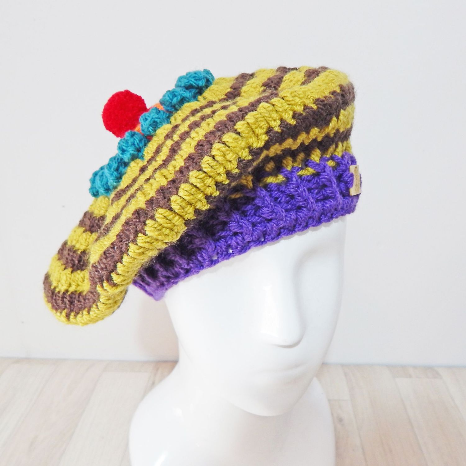 Beret Lime Brown Striped Hat
