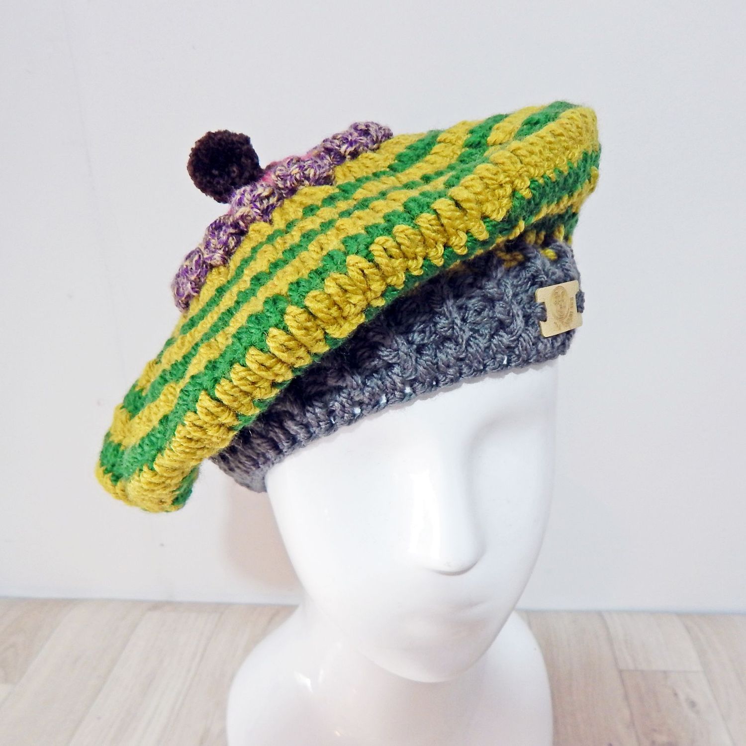 Beret Green Lime Striped Hat
