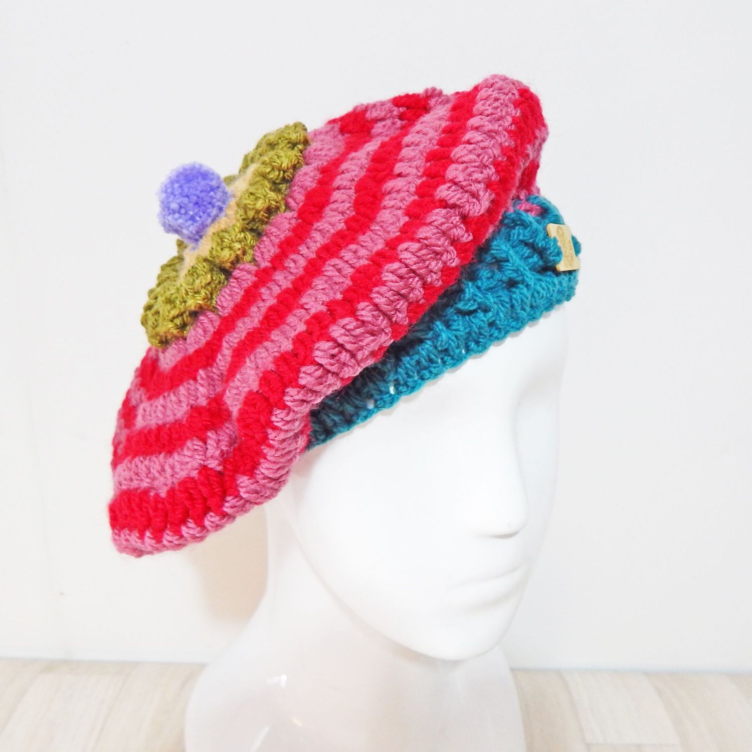 Beret Red Pink Striped Hat