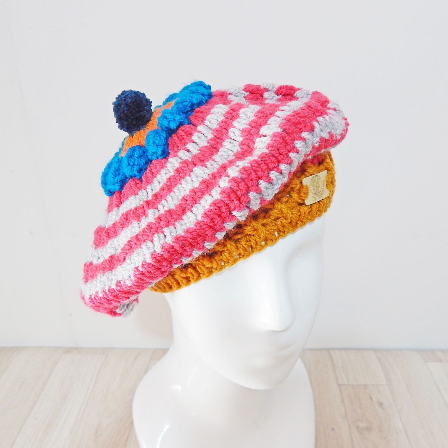 Beret Pink Cream Striped Hat