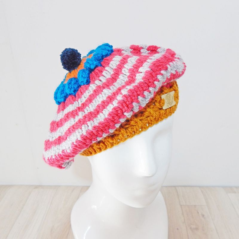 Beret Pink Cream Striped Hat