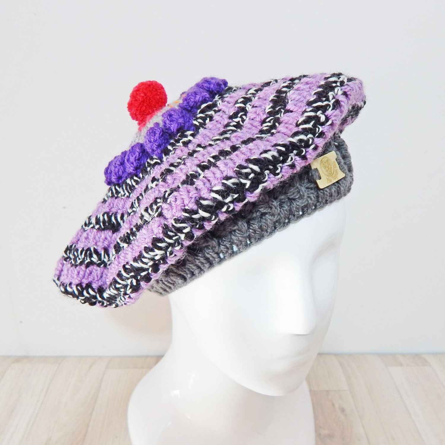 Beret Purple Black Striped Hat
