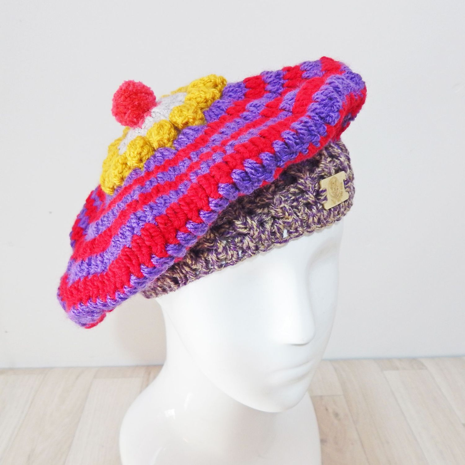 Beret Purple Red Striped Hat