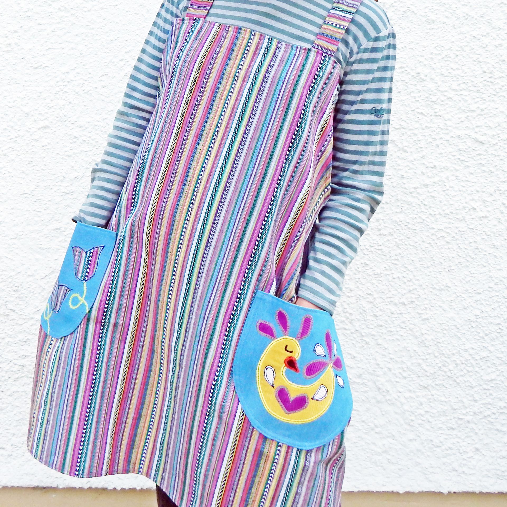 Pinafore Striped Folk Bird Dress