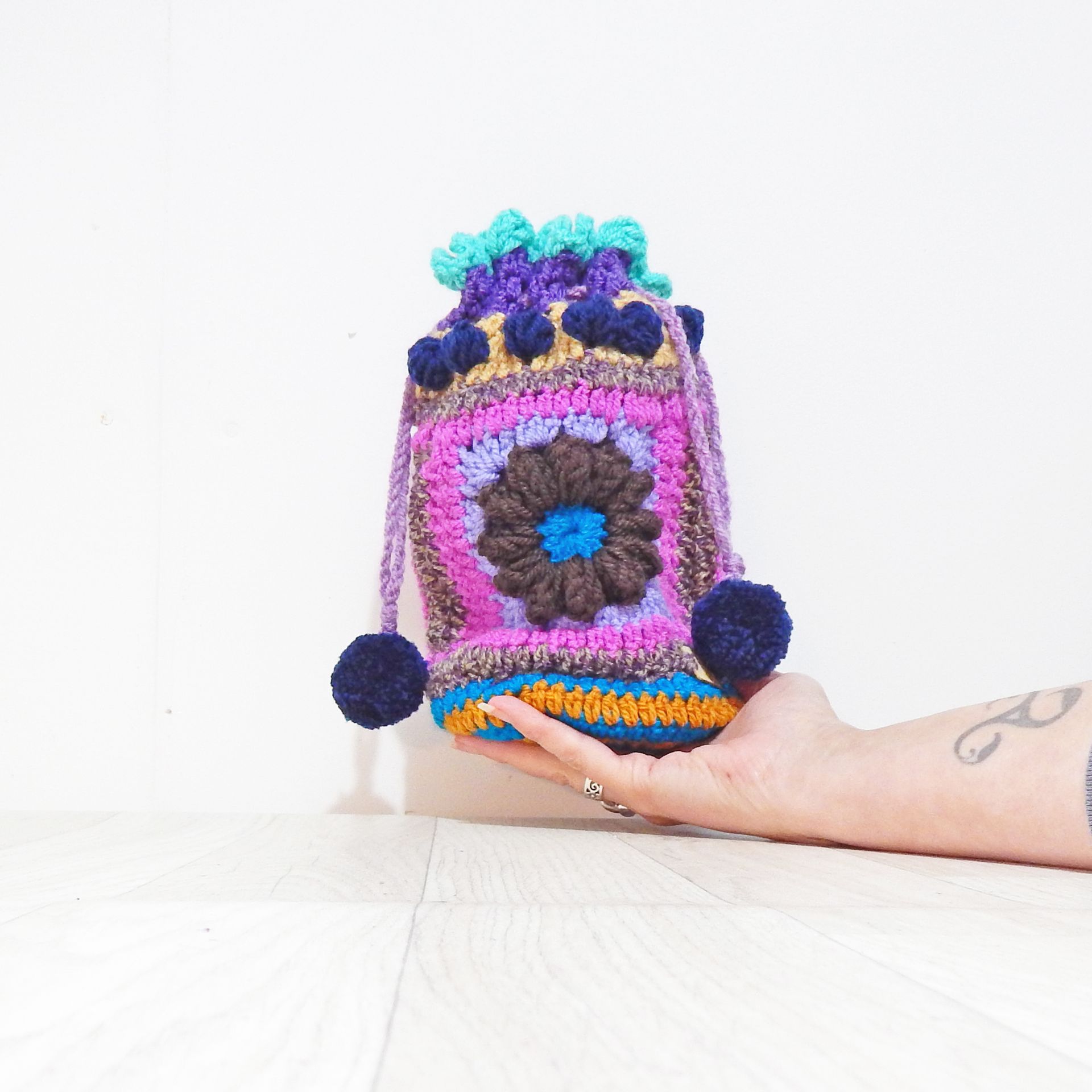 Crochet Pouch Dark Brown Flower