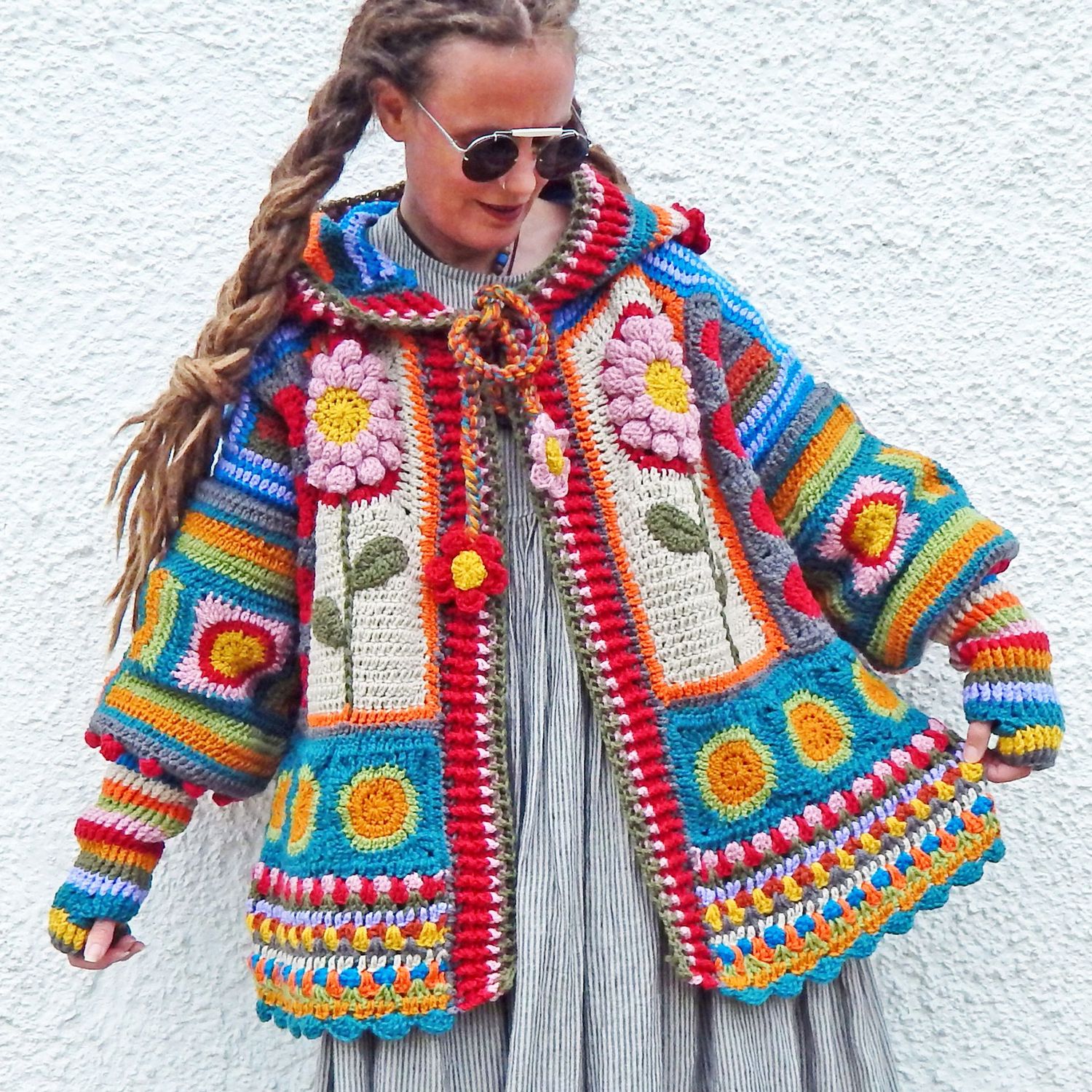 Flower Crochet Hooded Cardigan