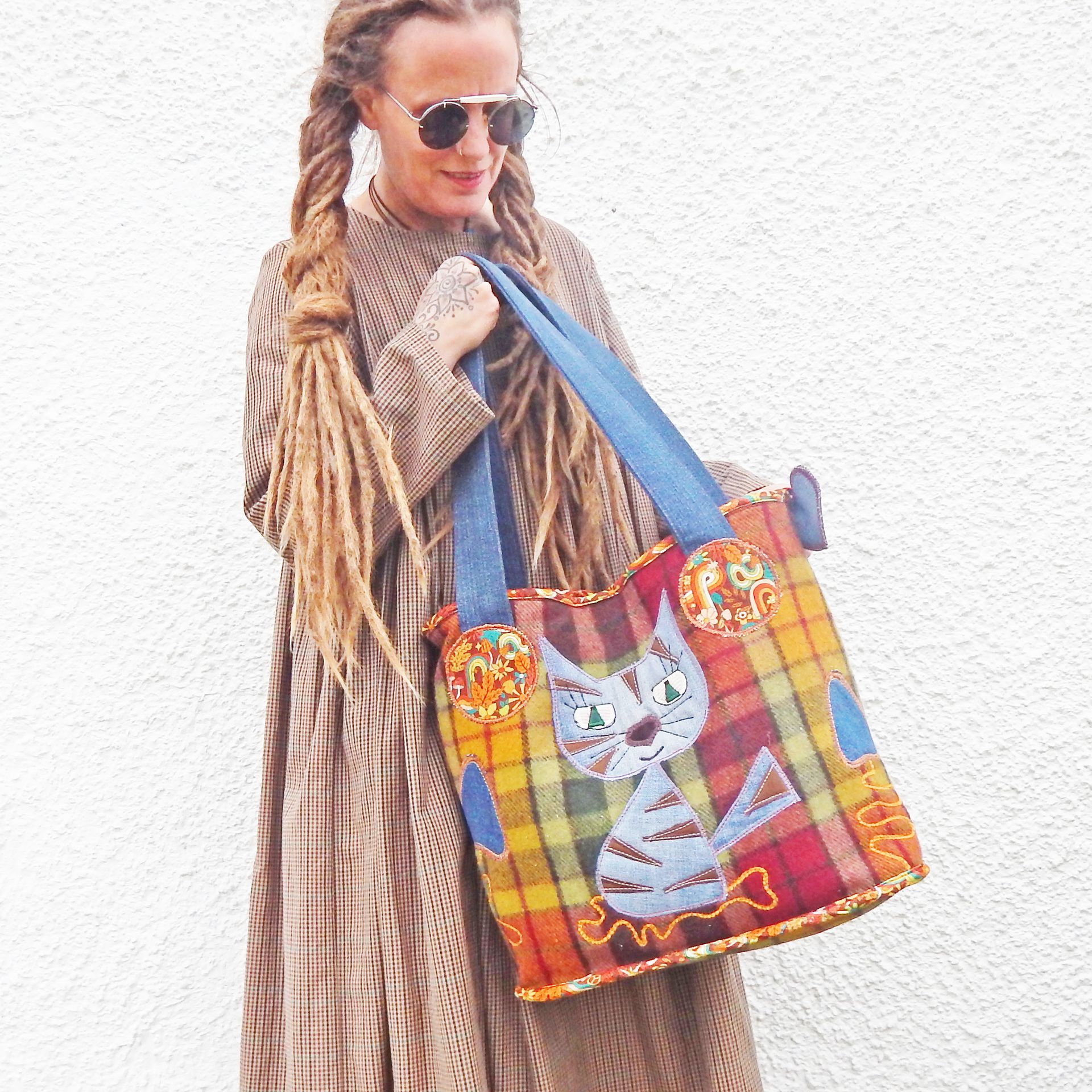 Cat Plaid Tote Zip Bag